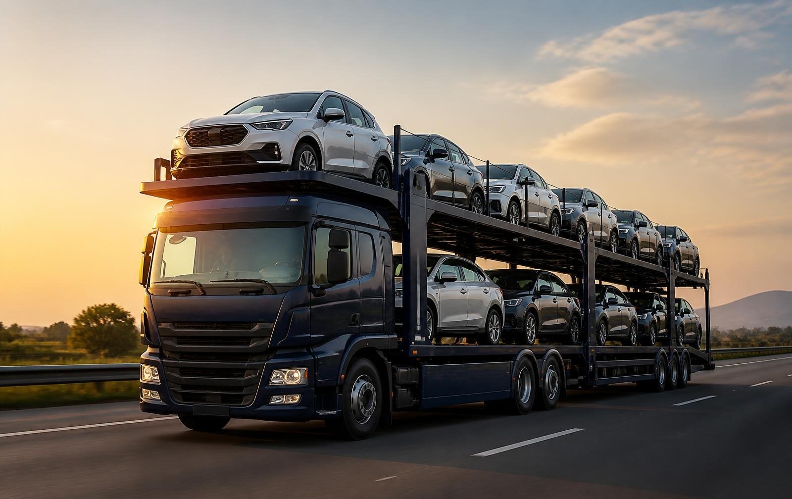 Multi-level car carrier truck transporting cars on an Indian highway